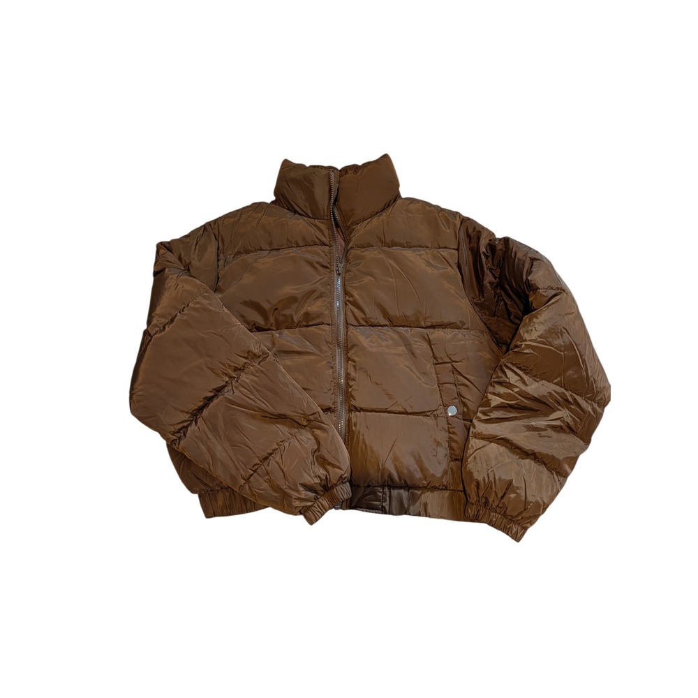 New Women Brown Puffer Jacket XL Full Zip Quilt Stand Collar Fall Winter Hujoin
